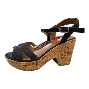 POPFLEX Black Woven Cork Wedge Sandals